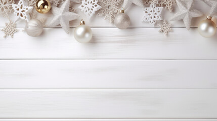 Obraz na płótnie Canvas Christmas ornament decoration on white wooden background, copy space. Generative AI