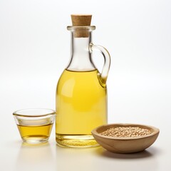 a glass bottle with a cork and a bowl of oil