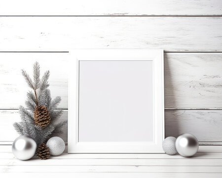 Mockup blank white picture frame on cozy Christmas decoration background, Empty canvas template on white wooden table. Generative AI
