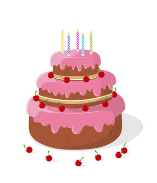 Bright festive three-tier cake with pink cream, candles and cherries in cartoon style. Flat style Design element for greeting card, invitation, banner. Vector illustration. Clipart cake icon.