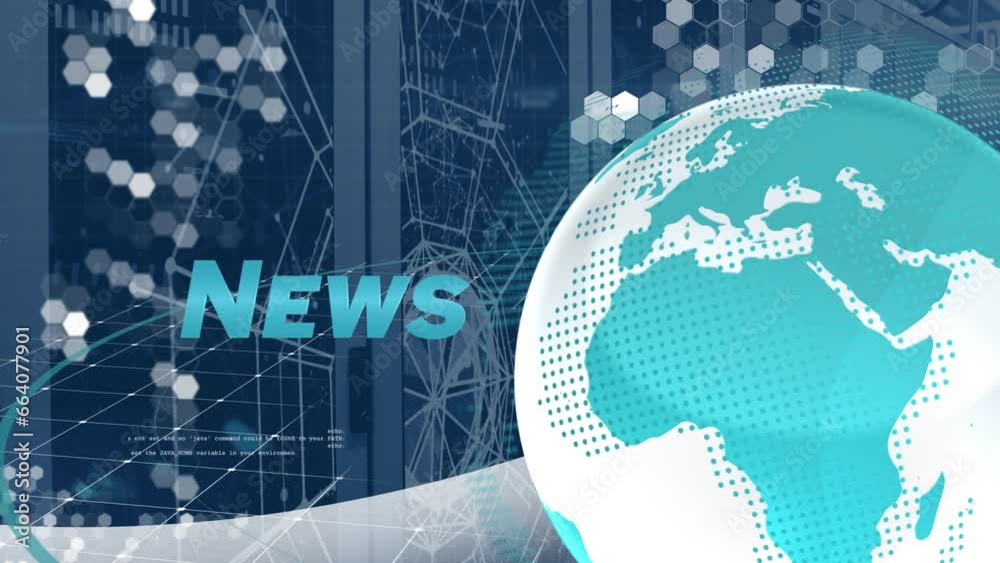 Poster animation of news text banner with spinning globe and plexus networks against computer server room