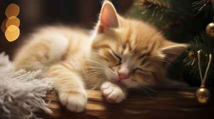 Portrait of a little ginger kitty kitten fluffy domestic cat sleepping next to the Christmas tree...