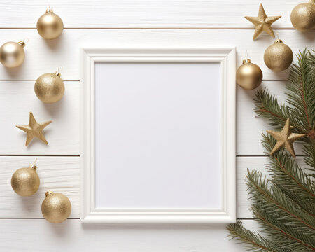 Mockup blank white picture frame on cozy Christmas decoration background, Empty canvas template on white wooden table. Generative AI