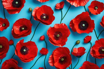 Banner with red poppy flowers on blue background, symbol for remembrance, memorial, anzac day