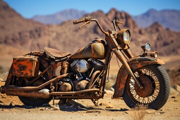 an old rusty motorcycle in the desert