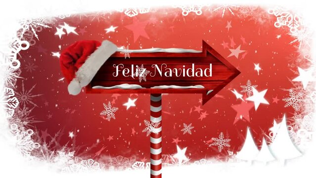 Animation of feliz navidad text over red sign and stars falling on red background