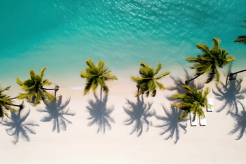 Fototapeta na wymiar Palm trees silhouettes on a tropical beach with turquoise water