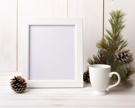 Mockup blank white picture frame and mug on cozy Christmas decoration background, Empty canvas template on white wooden table. Generative AI