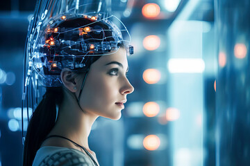 A woman wearing a futuristic helmet