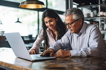 Fototapeta premium A Indian couple working together on a laptop in a business setting