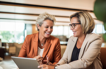 Two women collaborating on a business project at a table with a laptop