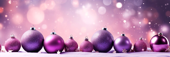 Christmas balls, new year background, purple glitter baubles on magic bokeh background with copy...