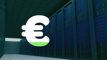 Animation of euro currency sign filling up with green over computer servers - Powered by Adobe