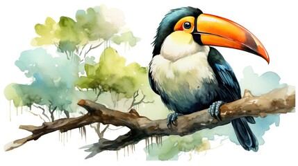  a toucan bird sitting on a branch with trees in the background.  generative ai