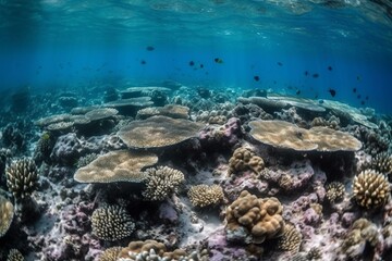 Naklejka na ściany i meble Underwater coral reef view, abundant ecosystem, vibrant tropical marine life. Generative AI