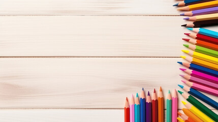 Obraz premium Top view colored pencils on a wooden background, Back to school, Stationery, School supplies frame, Art education, Copy space. Generative AI