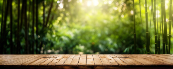 Empty rustic old wooden boards table copy space with bamboo plants forest in background. Product display template. Generative AI