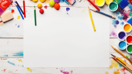 Top view colored pencils on a wooden background, Back to school, Stationery, School supplies frame, Art education, Copy space. Generative AI