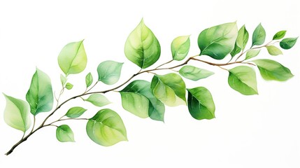Fototapeta na wymiar a painting of a branch with green leaves on a white background. generative ai