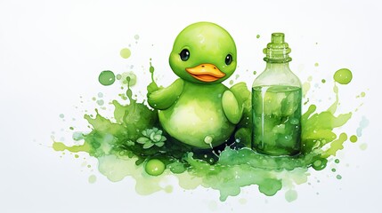  a painting of a green duck sitting next to a bottle.  generative ai