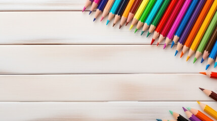 Obraz premium Top view colored pencils on a wooden background, Back to school, Stationery, School supplies frame, Art education, Copy space. Generative AI