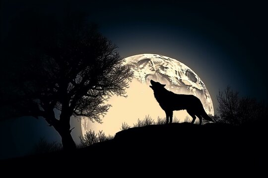 Silhouette of a wolf howling under the moonlight. Generative AI