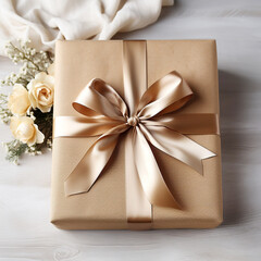 Wrapped wedding or other holiday handmade brown kraft paper gift box and roses. Present box with beige bow ribbon on wooden boards, top view.