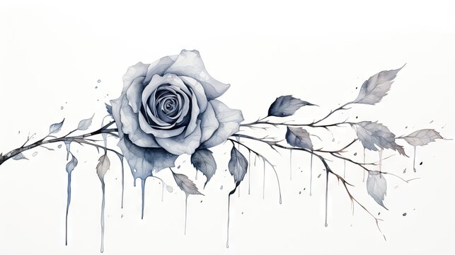  a painting of a white rose on a branch with leaves.  generative ai