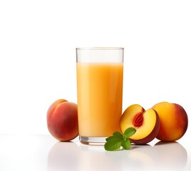 a glass of juice next to peaches