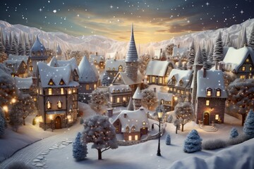 Christmas village landscape in a vintage style. - obrazy, fototapety, plakaty