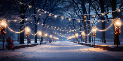 Enchanted Winter Wonderland, Magical Pathway Adorned with Snow-Covered Trees and Twinkling Christmas Lights - obrazy, fototapety, plakaty