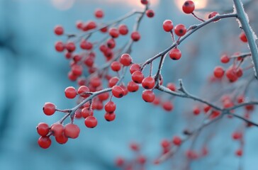 Fototapeta na wymiar Branch with red berries frozen, generative ai.