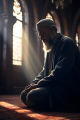 Muslim man praying inside the mosque in the rays of the setting sun
