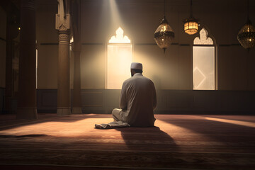 Muslim man praying in the mosque - obrazy, fototapety, plakaty