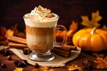 Pumpkin latte, generative ai picture of delicious autumn drink with traditional spices.