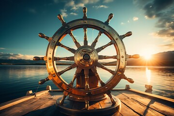 a ship's wheel on a dock - obrazy, fototapety, plakaty