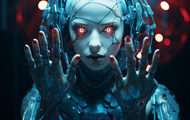 AI red and blue girl robot standing on her cyborg hands - obrazy, fototapety, plakaty