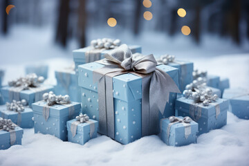 Fototapeta na wymiar Blue Christmas gifts box on snow. Generative Ai.