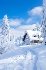 Naklejka premium Cozy Winter Retreat, Small House Nestled in Snowy Mountains