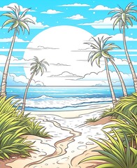 Fototapeta na wymiar a beach with palm trees and a sunny day