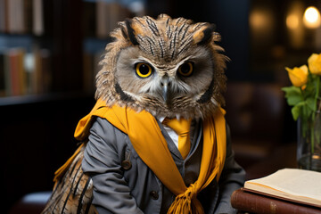 A wise owl dressed as librarian in cozy library. Generative Ai.