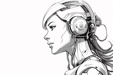 AI cybergirl cyborg robot illustration in line style