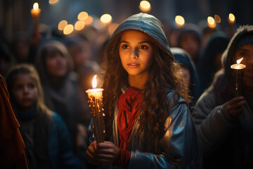 A Las Posadas procession leader holding a candle and guiding participants through the neighborhood. Generative Ai.