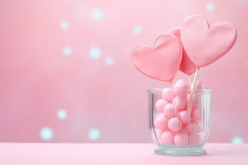 Valentine's day card. Lollipop heart on a stick. Banner pink background with place for text. Declaration of love. Boxed candies