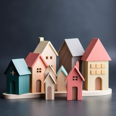 cute pastel toy wooden houses, toy city. rent, mortgage. real estate services
