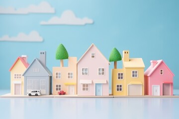 cute pastel toy wooden houses, toy city. rent, mortgage. real estate services