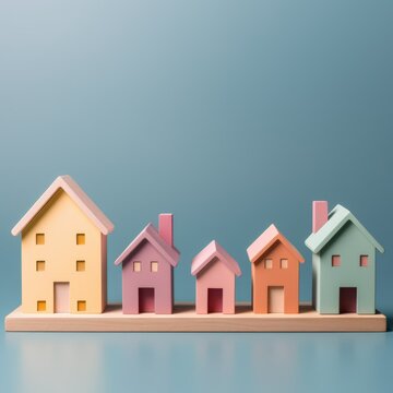 cute pastel toy wooden houses, toy city. rent, mortgage. real estate services