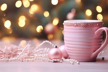 Obraz na płótnie Canvas Cute Christmas card with a cozy mug of cocoa. a cup of coffee. bokeh lights. pastel background. New Year