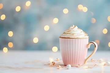 Christmas banner blue background mug with cocoa, coffee. warm light of bokeh garland. New Year. Holiday card. Whipped cream on a mug
