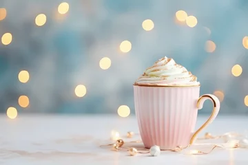 Foto op Aluminium Christmas banner blue background mug with cocoa, coffee. warm light of bokeh garland. New Year. Holiday card. Whipped cream on a mug © Al